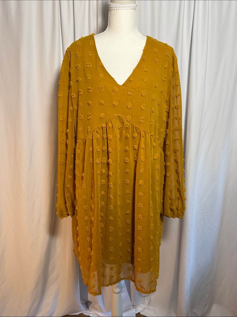 Mustard Long Sleeve V-Neck Textured Tunic Dress
